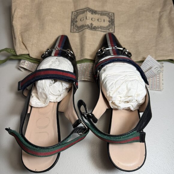 Gucci Malaga Black Kid Web Horsebit Low Heel Slingback Pumps Sz 36.5 - Picture 6 of 14